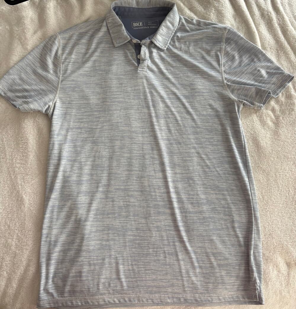 Men’s BKE Performance Fabric polo size Extra Large. Blue and gray micro striped